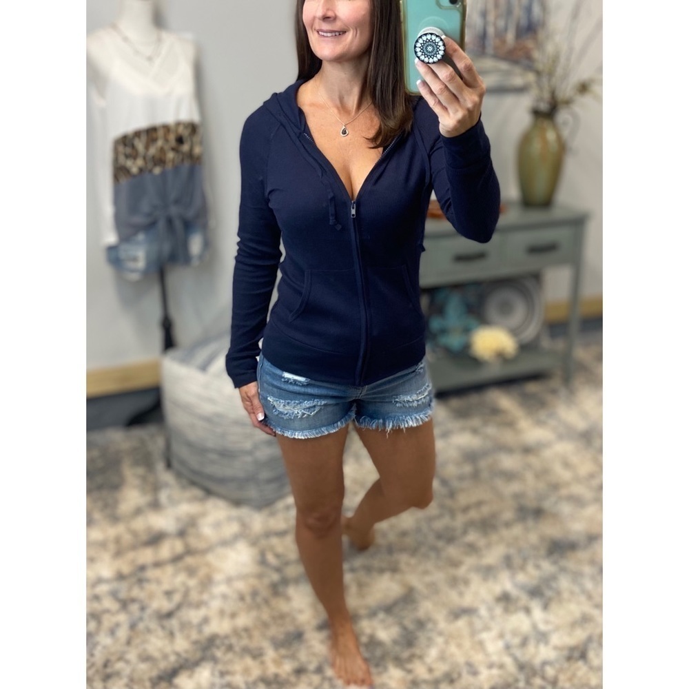 ❤️‍🔥Waffle Thermal Zip Up Drawstring Pocket Hoodie Navy Blue 4421 - Picture 3 of 7